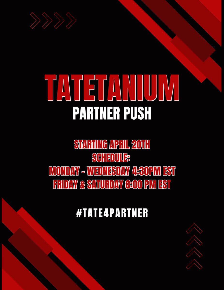 tatetanium_'s tweet photo. I am officially Pushing for Twitch Partner! Starting this Monday April 20th this will be my stream schedule to start the push! I need 6 streams with an average of 75 viewers in two different 30 days periods so 12 streams of 75 average altogether! More details coming soon! https://t.co/PkTGTLc1xy