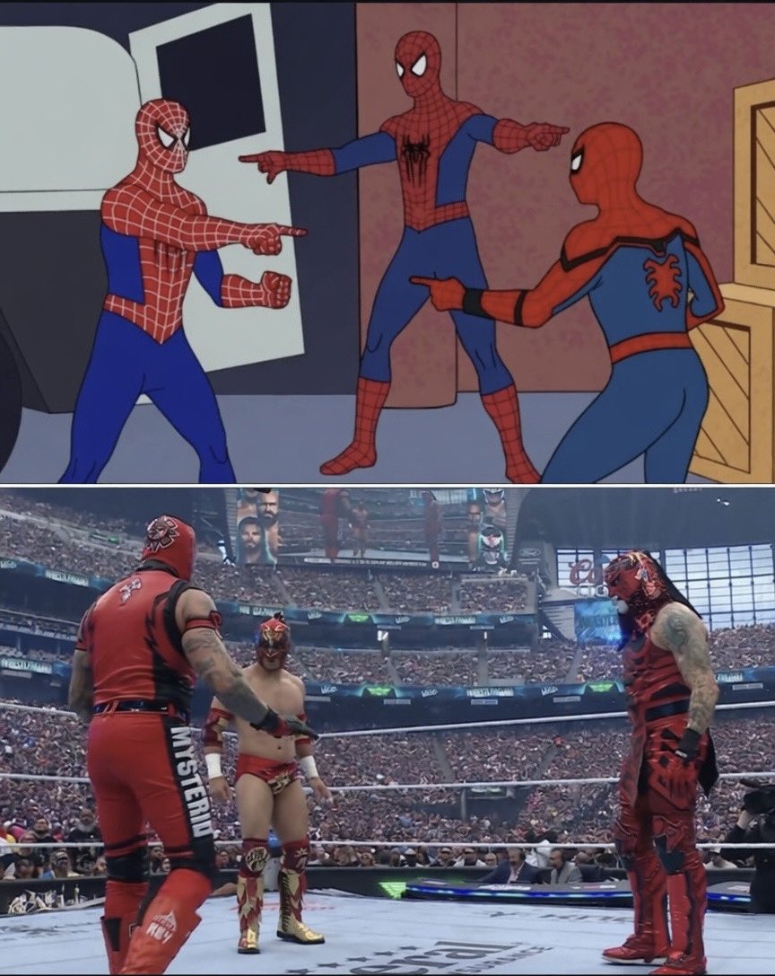 3 Spider Men pointing at each other... and now these 3 Luchadores did the same 😛

They really recreated the moment 🔥

#Wrestlemania