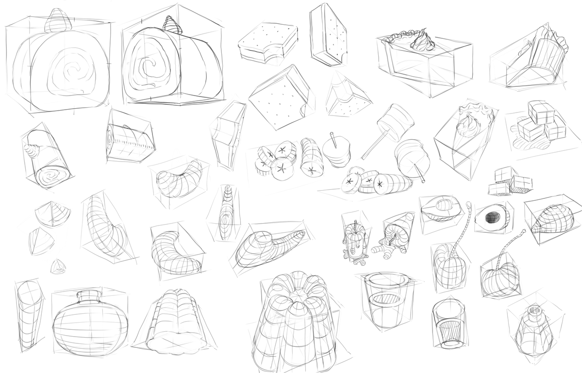 azure_fir's tweet image. Fruits and desserts for some 3D form study! #drawing #sketch #practice