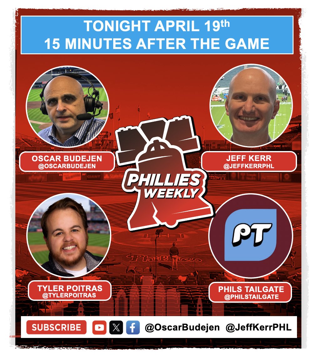 OscarBudejen's tweet image. 🚨PHILLIES WEEKLY 🔔 LIVE TONIGHT🚨
⏰ 15 MINUTES AFTER the #Phillies Game

📺 STREAM LIVE 👉 YouTube | X

🎙️ @OscarBudejen @JeffKerrPHL
⭐ Special Guest:
@TylerPoitras from @PhilsTailgate 

🔥 Searching for Answers… 
🔥 What’s Gone Wrong?
🔥 8-12 Start | 5.5 Back

#RingTheBell