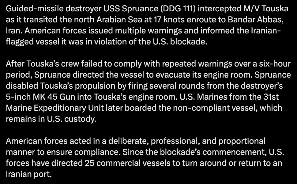 midobecker_1's tweet image. #DoD:
"🇺🇸#US forces operating in the Arabian Sea enforced naval blockade measures against an Iranian-flagged cargo vessel attempting to sail toward the Iranian port of Bandar Abbas on April 19."