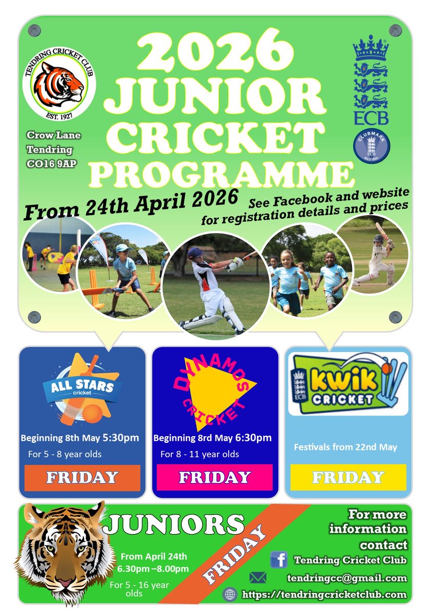 TendringCC's tweet photo. We're bringing together last years Thursday and Saturday sessions with a new combined Friday night training session as well as opening the bar. The first session of the outdoor season is on *Friday 24th April* 6:30pm-8:00pm* with All Stars and Dynamos sessions starting on 8th May https://t.co/oYIl8cgYmc