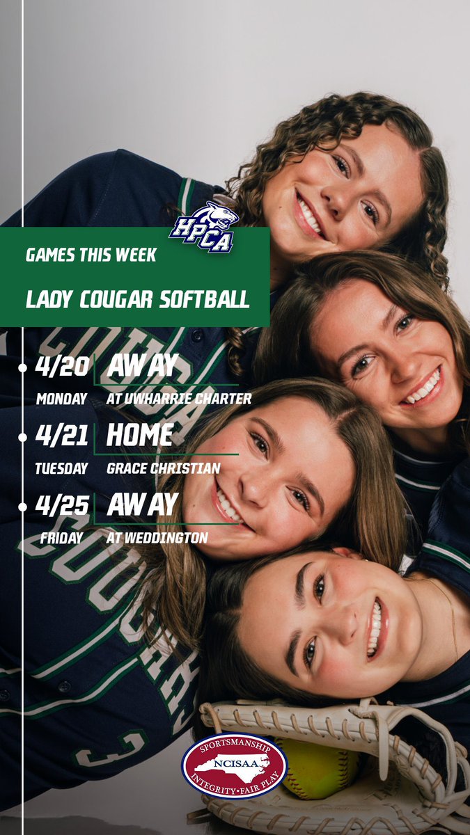 hpcasoftball's tweet photo. Lady Cougars🥎In Action This Week

Monday on the Road at Uwharrie Charter

Tuesday HOME - Senior Night

Friday the Cougars travel to Weddington 

Letsssss GO! #whateverittakes #thedriveforfive #chasingtitles @HPCAcougars https://t.co/KhVtaohAnv