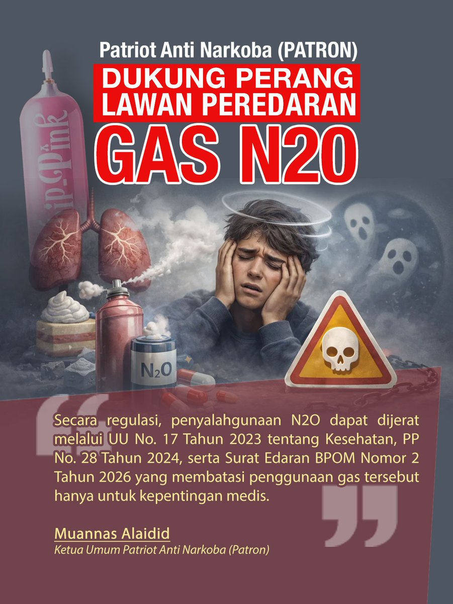 MahkamahPolitik's tweet image. Hati-hati! Penyalahgunaan gas N2O bukan cuma bahaya buat kesehatan, tapi juga ada payung hukumnya. Berdasarkan UU Kesehatan No. 17/2023 &amp;amp; SE BPOM No. 2/2026, penggunaannya dibatasi hanya untuk medis. Yuk, dukung perang lawan peredaran ilegal! 🚫💨 #LawanNarkoba #Patron #GasN2O