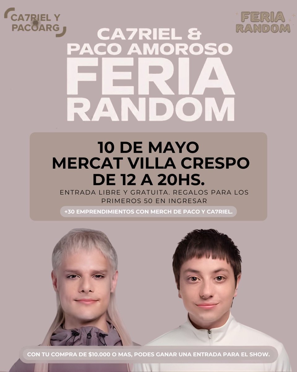 feriarandomar's tweet photo. FANS DE CATRIEL Y PACO los escuchamos y les cumplimos el sueño 💋 evento en colaboración con @ca7rielypacoarg https://t.co/bs7AyS8cCc