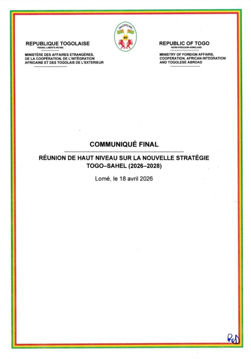 rdussey's tweet image. COMMUNIQUÉ FINAL DE LA 
RÉUNION DE HAUT NIVEAU SUR LA NOUVELLE STRATÉGIE 
TOGO-SAHEL (2026-2028
@_AfricanUnion @ecowas_cedeao @AESinfos @JeanMarieTraore @AbdoulayeDiop8 @NIGER_CNSP @PresidenceNiger 
#peace  #Africa  #Sahel 
 #Africanophonie #APA
#AfricanPoliticalAlliance