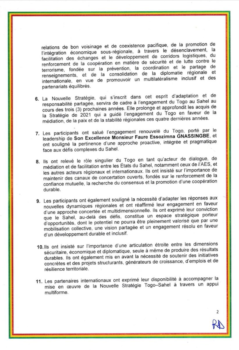 rdussey's tweet image. COMMUNIQUÉ FINAL DE LA 
RÉUNION DE HAUT NIVEAU SUR LA NOUVELLE STRATÉGIE 
TOGO-SAHEL (2026-2028
@_AfricanUnion @ecowas_cedeao @AESinfos @JeanMarieTraore @AbdoulayeDiop8 @NIGER_CNSP @PresidenceNiger 
#peace  #Africa  #Sahel 
 #Africanophonie #APA
#AfricanPoliticalAlliance