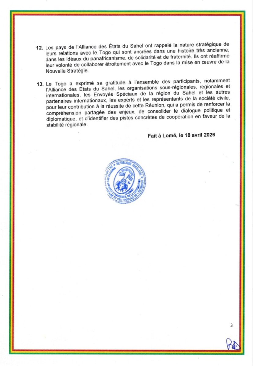 rdussey's tweet image. COMMUNIQUÉ FINAL DE LA 
RÉUNION DE HAUT NIVEAU SUR LA NOUVELLE STRATÉGIE 
TOGO-SAHEL (2026-2028
@_AfricanUnion @ecowas_cedeao @AESinfos @JeanMarieTraore @AbdoulayeDiop8 @NIGER_CNSP @PresidenceNiger 
#peace  #Africa  #Sahel 
 #Africanophonie #APA
#AfricanPoliticalAlliance