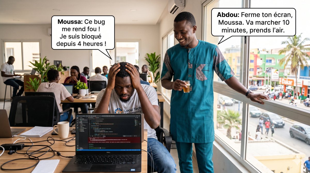 ibn_oumii's tweet image. Bloqué sur un bug depuis des heures ? 🤯 La solution n'est pas sur ton écran, ferme-le et va marcher !

Et vous, c'est quoi votre astuce pour vous débloquer ? 🚶‍♂️💡 #Code