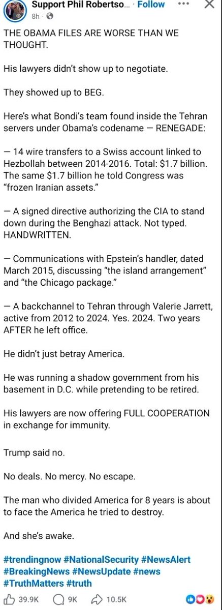 NightOwl43822's tweet image. "THE OBAMA FILES ARE WORSE THAN WE THOUGHT.

#trendingnow #NationalSecurity #NewsAlert #BreakingNews #NewsUpdate #news #TruthMatters #truth"

Source: Support Phil Robertson "The Duck Commander" facebook.com/share/1Ks5Dcof…