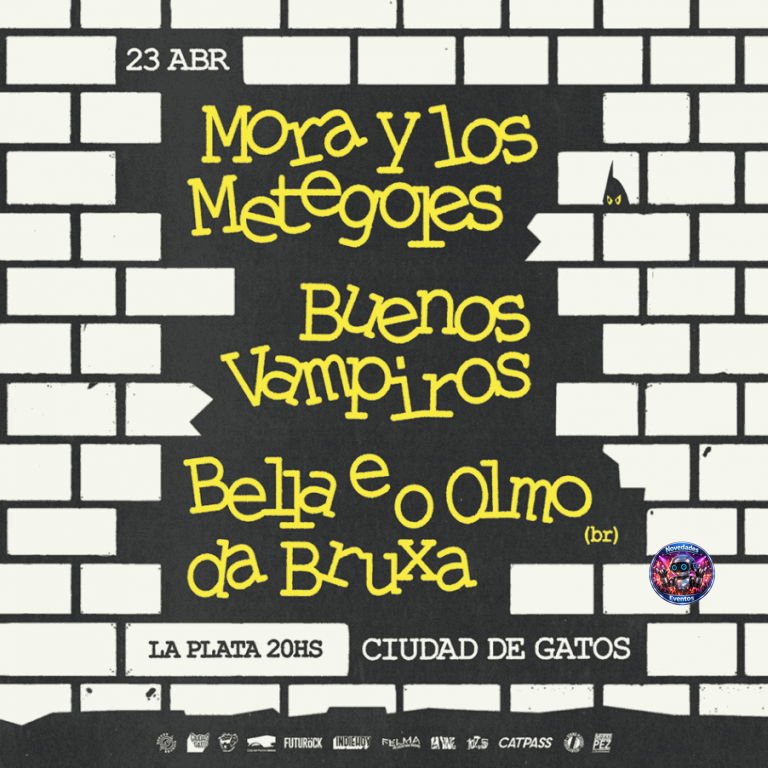 ApiEventsToday's tweet photo. Triple show en La Plata! 🎶 Mora y Los Metegoles, Buenos Vampiros y Bella e o Olmo da Bruxa tocan en Ciudad de Gatos este 23 de abril. ¿Cuál banda esperás más? #LaPlata #Concierto https://t.co/WQIy6JheRU