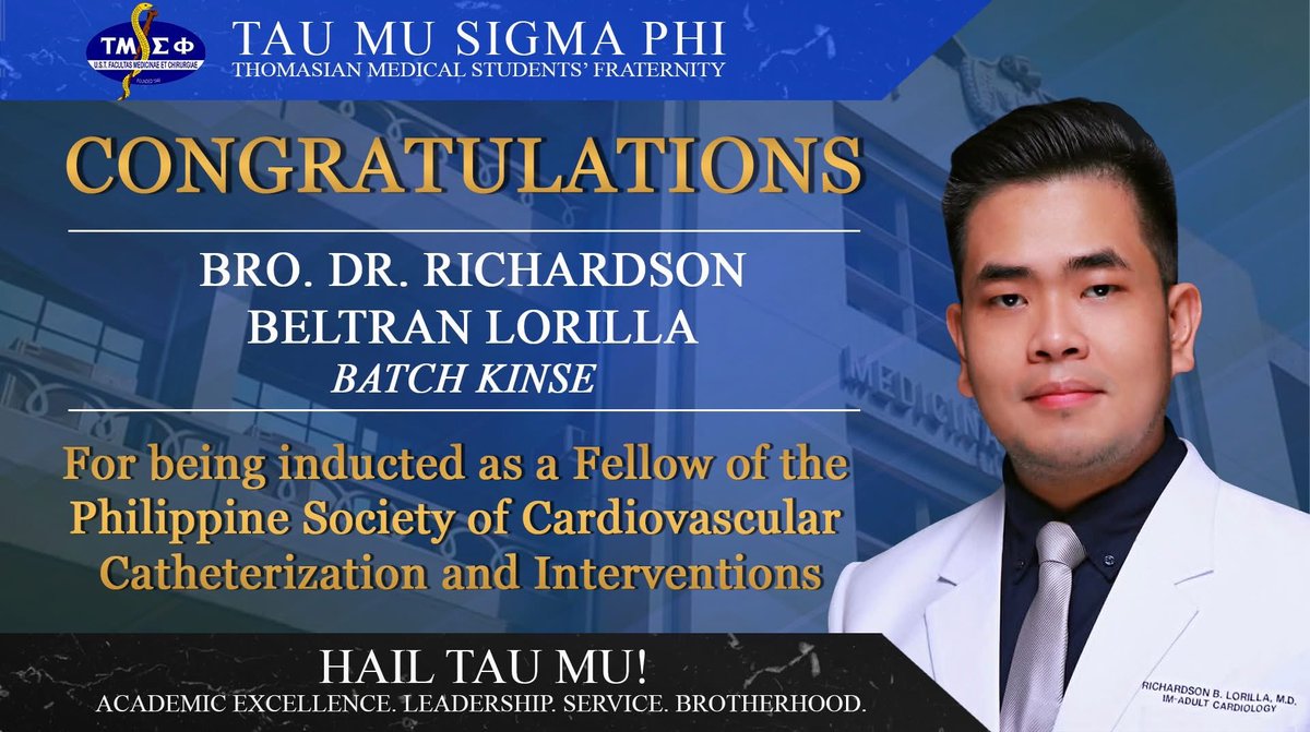 TauMuSigmaPhi's tweet photo. Congratulations to Bro. Dr. Richardson Beltran Lorilla, Kinse, for being inducted as a Fellow of the Philippine Society of Cardiovascular Catheterization and Interventions (PSCCI)!

Academic Excellence
Leadership
Service
Brotherhood

Hail Tau Mu! https://t.co/9E98ljQtAV