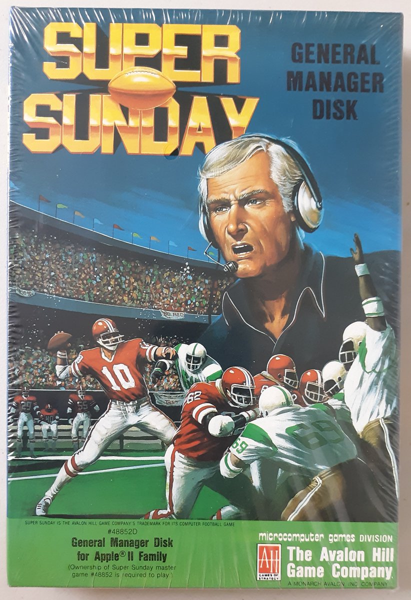 "Super Sunday General Manager Disk" 1987 Avalon Hill/Microcomputer Games for Apple II. Requires Master Disk to play. An icon-oriented system, telephone is used to make trades,computer to look at players statistics,newspaper to check out new standings, printer for roster hard copy