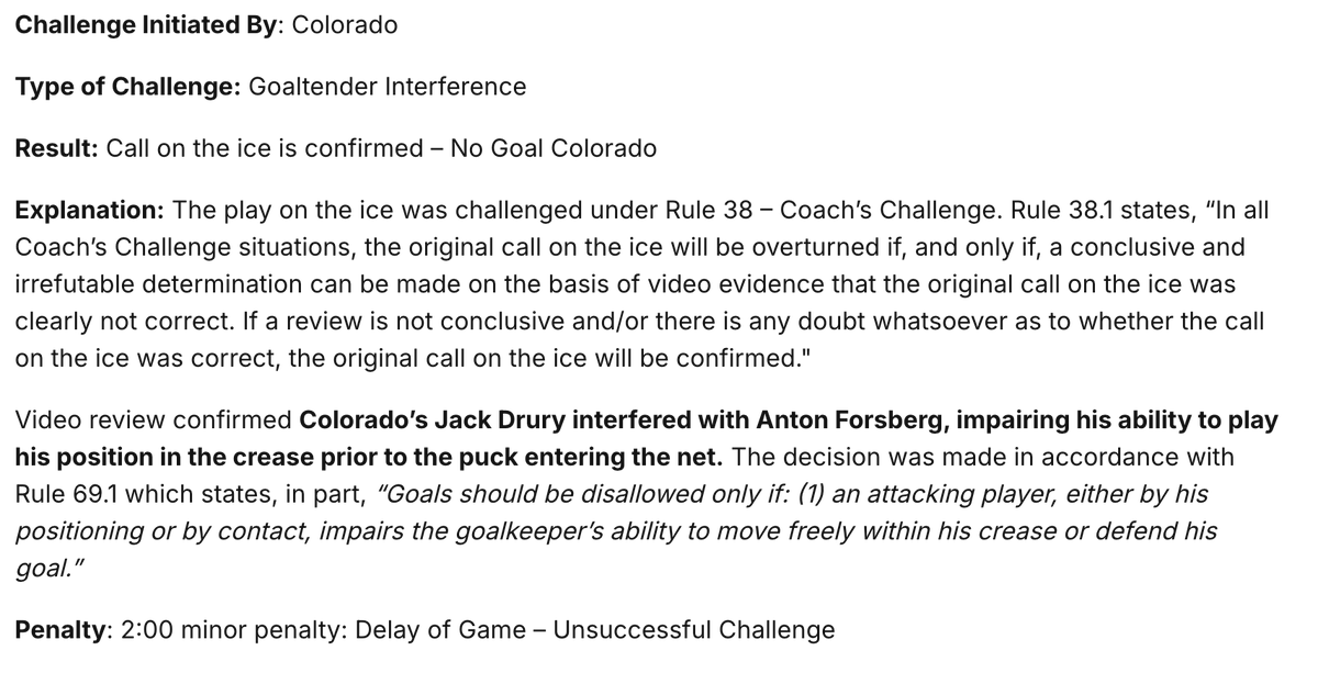 TheCeegs's tweet photo. @ConorMcGahey I like how the explanation doesn't mention the reason Jack Drury even touched Mr. Forsberg in the first place, namely, oh I don't know, the big ol' hip check laid on him that caused him to go flying in to the goaltender??? https://t.co/S0YeqthvG2