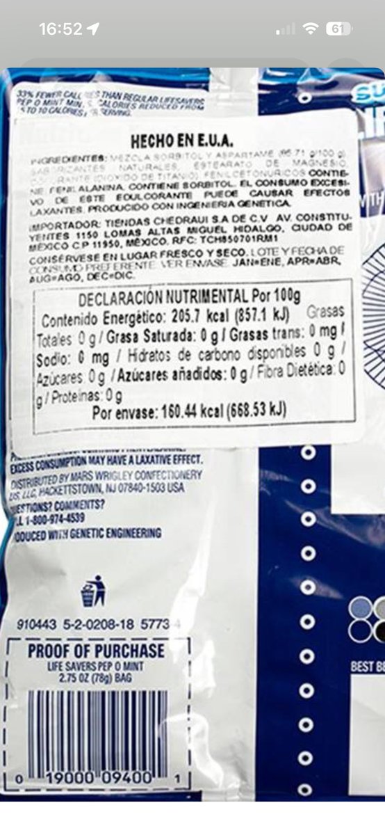 SeBeastian1's tweet photo. @MarsWrigley @COFEPRIS @Chedrauioficial Lifesavers zero sugar are putting diabetics at risk!! The Mexico label indicates 0 carbohydrates per 100g - but the original package label, obscured by the local label, shows 3g carbohydrates per 3.5g of product! Ripe for mass legal action! https://t.co/nDOFUcsNUI