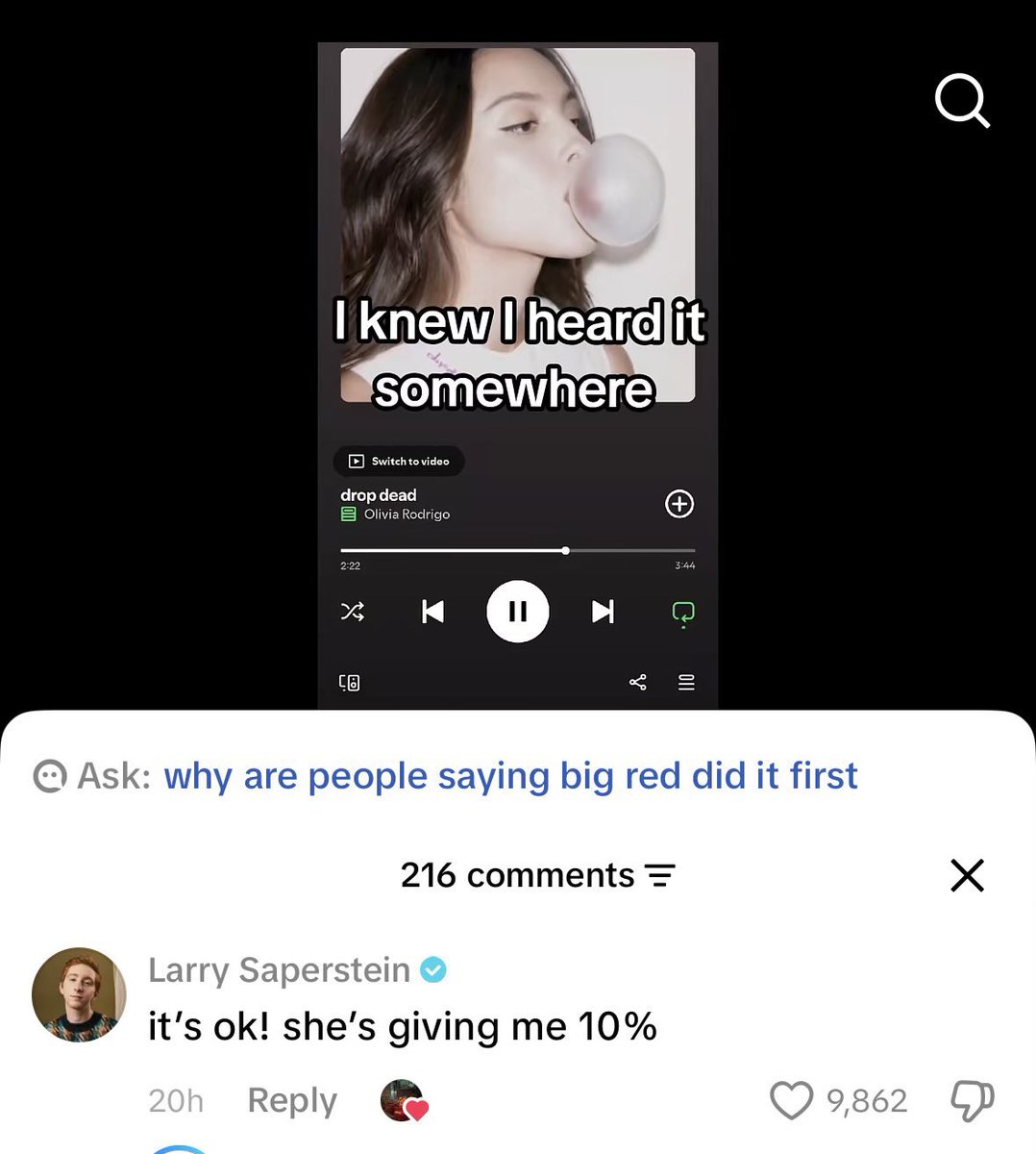 Larry Saperstein comments on a TikTok that compares ‘drop dead’ to ‘Red Means Love’ from HSMTMTS!

“it’s ok! she’s giving me 10%”