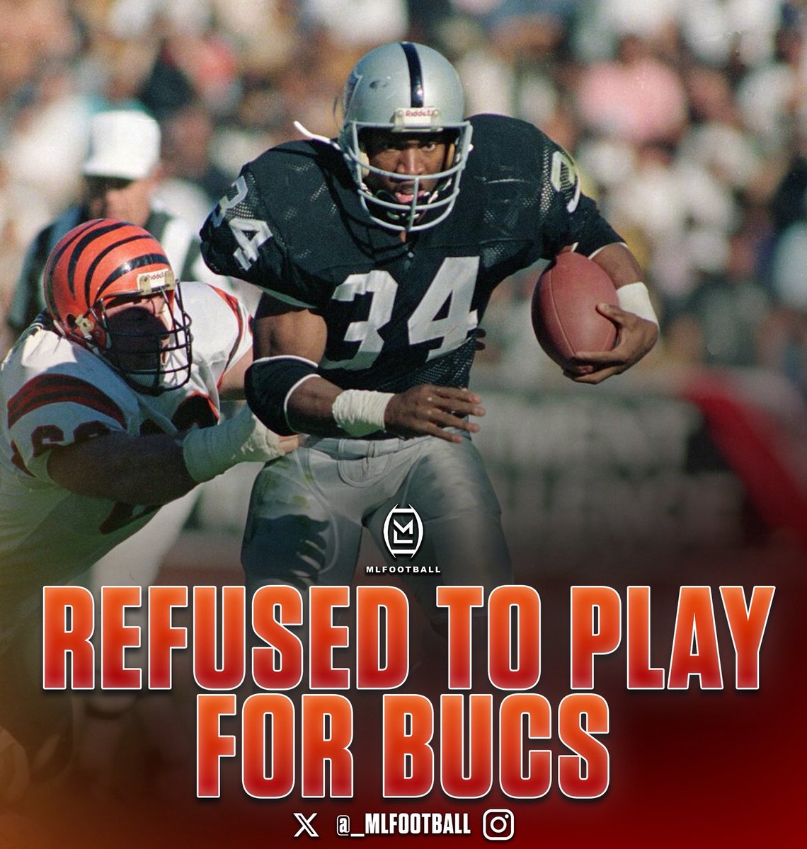 MLFootball's tweet image. WILD STORY: In 1986, the #Buccaneers selected Bo Jackson with the #1 overall pick in the draft — and he REFUSED to play for them.

Tampa Bay flew Bo out for a pre-draft visit and told him it was NCAA-approved, and it was NOT. As a result, he lost his final season of college