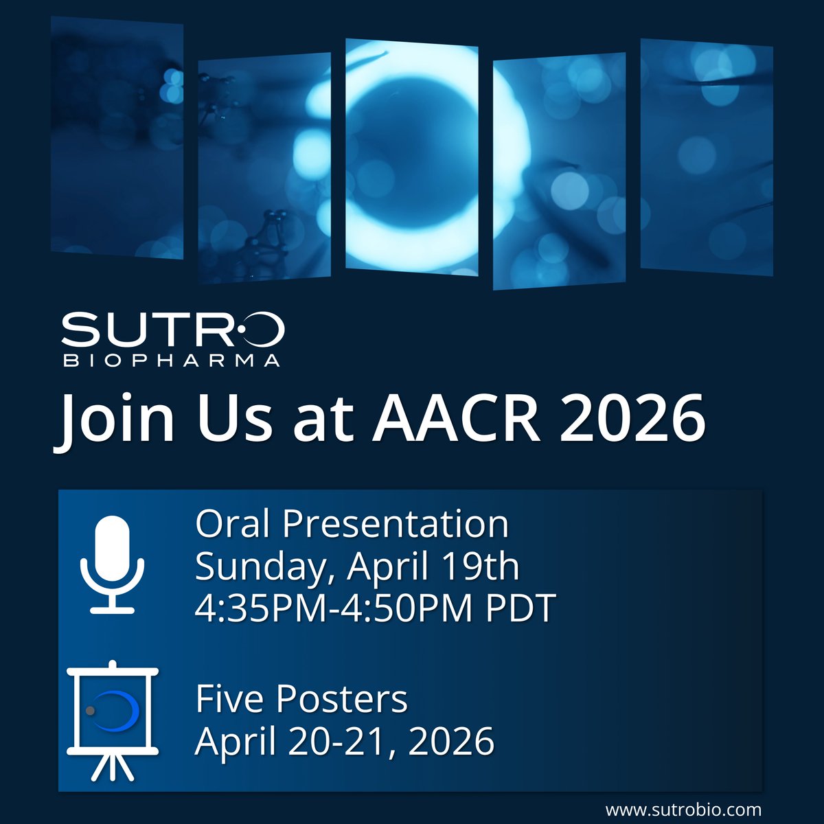 SutroBio's tweet photo. We’re pleased to present promising preclinical data across our ADC pipeline at the @AACR Annual Meeting 2026. For more info, https://t.co/chVQyYwBxu
$STRO #SutroBio #AACR26 https://t.co/OgLngQrWXb