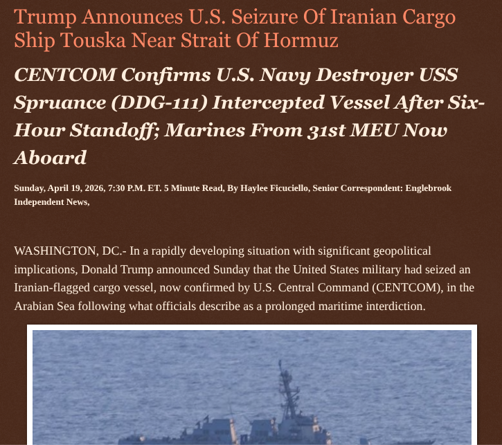 ArtFletcher9's tweet photo. Trump Announces U.S. Seizure Of Iranian Cargo Ship Touska Near Strait Of Hormuz https://t.co/1oLqG4Vumk via @Englebrooknews #UnitedStates #Iran #IranWar #USNaval #Blockade #USMilitary #seizes #Iranian #ship @wireless_step @HRG_Media @LodiNJNews @HayleeNews @Fordmb1953 @SarahGeving1 @Shannon96574094 @DanCook26214426 @Daytobehappy @janninereid1 @gator4kb18 @TrumpWasRite2 @KathyKbrose @RobGerundo @JimBobW49