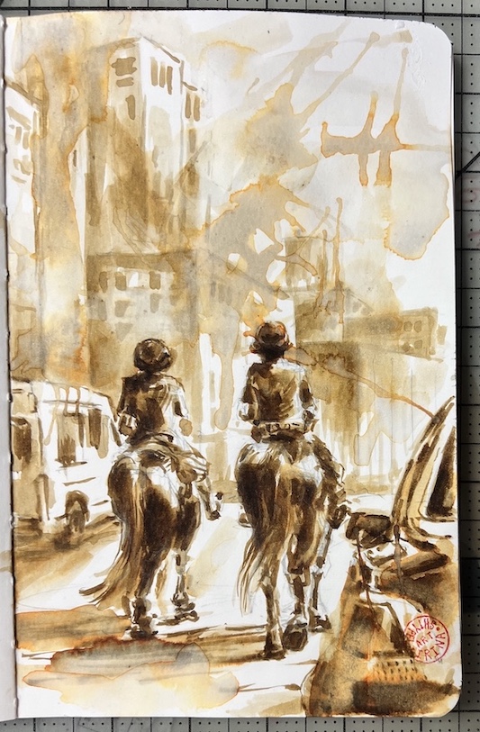 nikiraa's tweet image. NYPD Mounted Unit early morning in Brooklyn. Operating since 1858, making it the oldest continuously active mounted unit in America. #sketch #ink #mountedunit #street #police #morning #sketchbook #artistontwitter