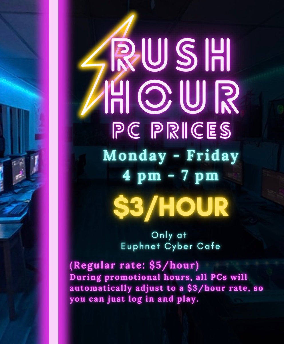 euphnet's tweet photo. Don't forget, we have Rush Hour pricing!

Monday - Friday
4 pm - 7 pm 

$3/ hour 

#rushhour #lancenter #bayarea #euphnet #euphnetcybercafe https://t.co/d8tTsEB7z1