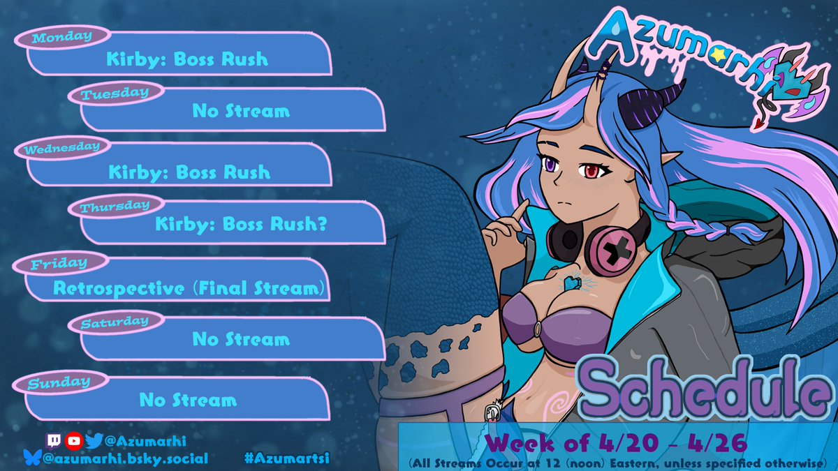 Azumarhi's tweet photo. The final week is upon us - what better way to go out than a Kirby extravaganza!
Ive talked about doing an "arena" with all the final bosses, so thats exactly what we're gonna do!
to end off, a retrospective on my journey as a streamer.
Come celebrate the last 3 years with me! https://t.co/pBI0naOMAM