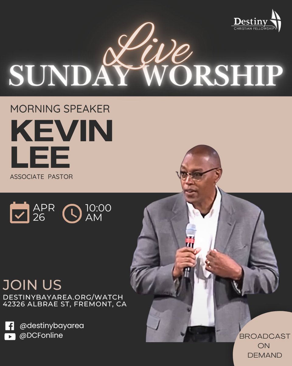 DestinyBayArea's tweet image. You’re warmly invited to join us this Sunday for an uplifting service as Pastor Kevin Lee shares an inspiring message. Come and be encouraged, connect with others, and experience the joy of worship together. We look forward to seeing you! #DCF