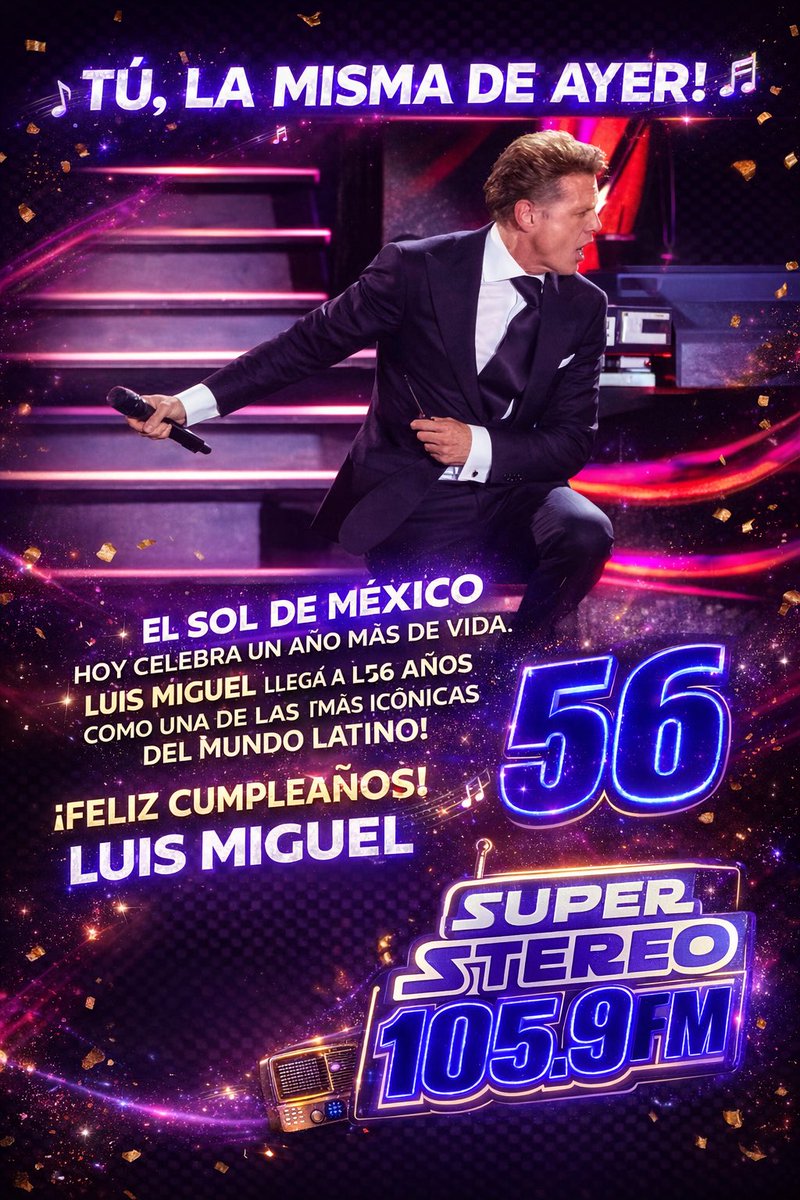 AlejandraGonda's tweet photo. 🎙️✨ Tú, la misma de ayer… 🎶
Hoy celebramos a Luis Miguel: 56 años de una voz que marcó generaciones. 🌟
El soundtrack de amores, recuerdos y noches eternas…
📻 En Súper Stereo 105.9 FM lo seguimos cantando fuerte.
💛 ¿Tu favorita?
#Flashback1059 #LuisMiguel #ElSolDeMéxico https://t.co/oZbxbtsmS8
