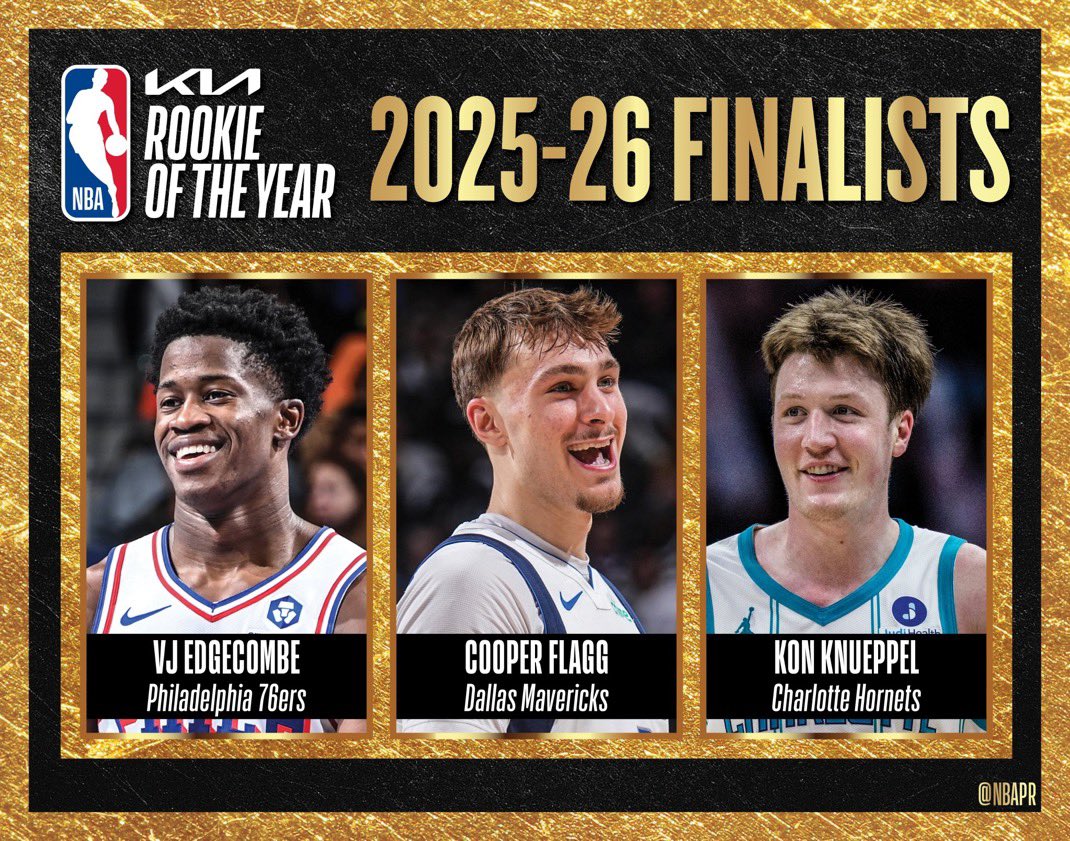 Big3SportsCen's tweet image. 📝 NEWS

The three finalists for the 2025-26 Kia #NBA Rookie of the Year Award:

- #76ers G VJ Edgecombe
- #Mavericks F Cooper Flagg
- #Hornets F Kon Knueppel

(via @NBAPR) #NBA

Who do you have winning this award?👇