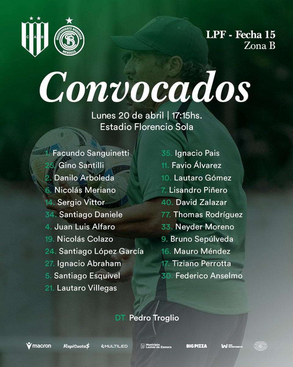 𝐂𝐨𝐧𝐯𝐨𝐜𝐚𝐝𝐨𝐬 📋 para recibir a Ind. Rivadavia por la fecha 15 del Torneo Apertura 2026.

• Lautaro Ríos no fue convocado por una sobrecarga en el aductor izquierdo.

#EnBanfieldJugamosTodos 🇳🇬