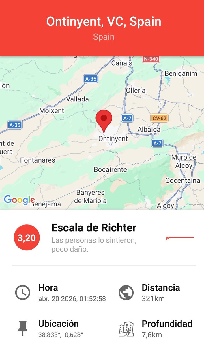Ocurrió un terremoto 3.2 cerca de Ontinyent, VC, Spain.. 
 Day 20 abril 
 ⌚1:58 𝚑. 
#terremoto #earthquake #tremblement #terramoto #QuakeSpain