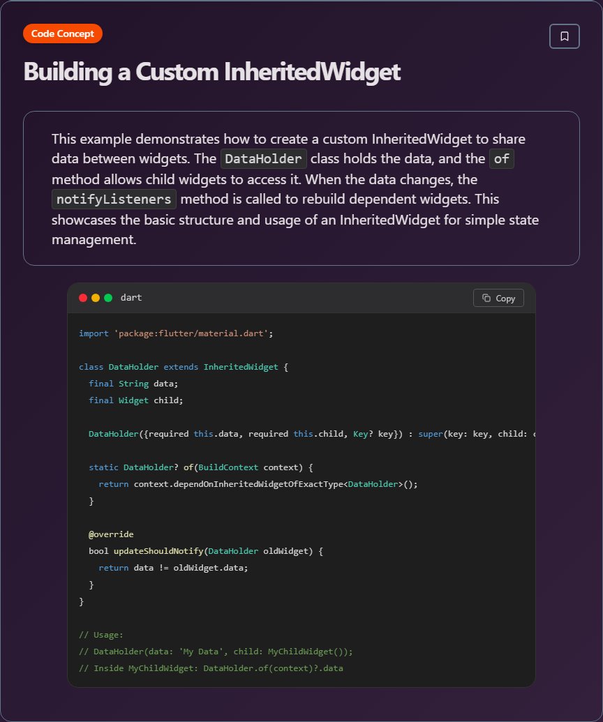 techielearnapp's tweet image. ✨ Building a Custom InheritedWidget (Flutter Development)

Learn more on our app: play.google.com/store/apps/det…

#Flutter #MobileDev #CrossPlatform #FlutterDev #100DaysOfCode #DevLife