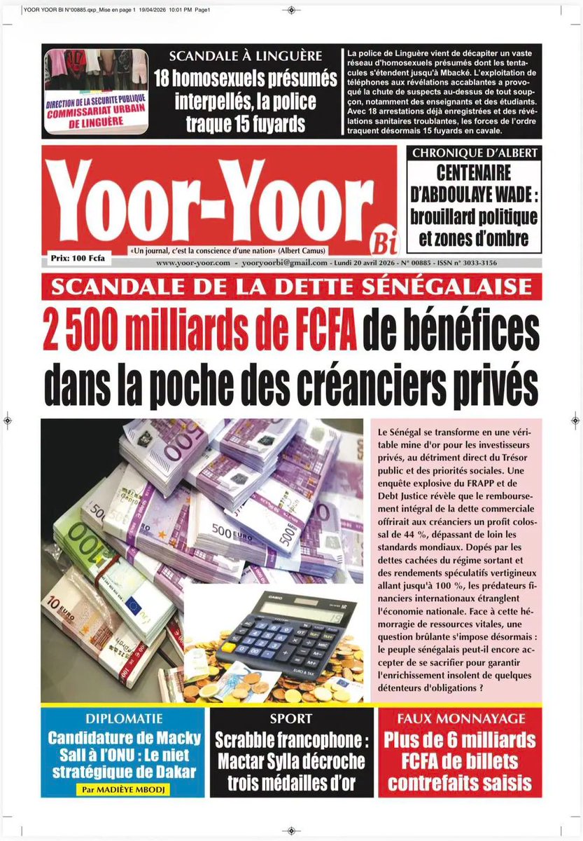 La Une de Yoor-Yoor Bi de ce lundi 20 avril 2026
À vos kiosques et bonne lecture!
#Bu_Baax_Bi  #Yoor_Yoor_Bi