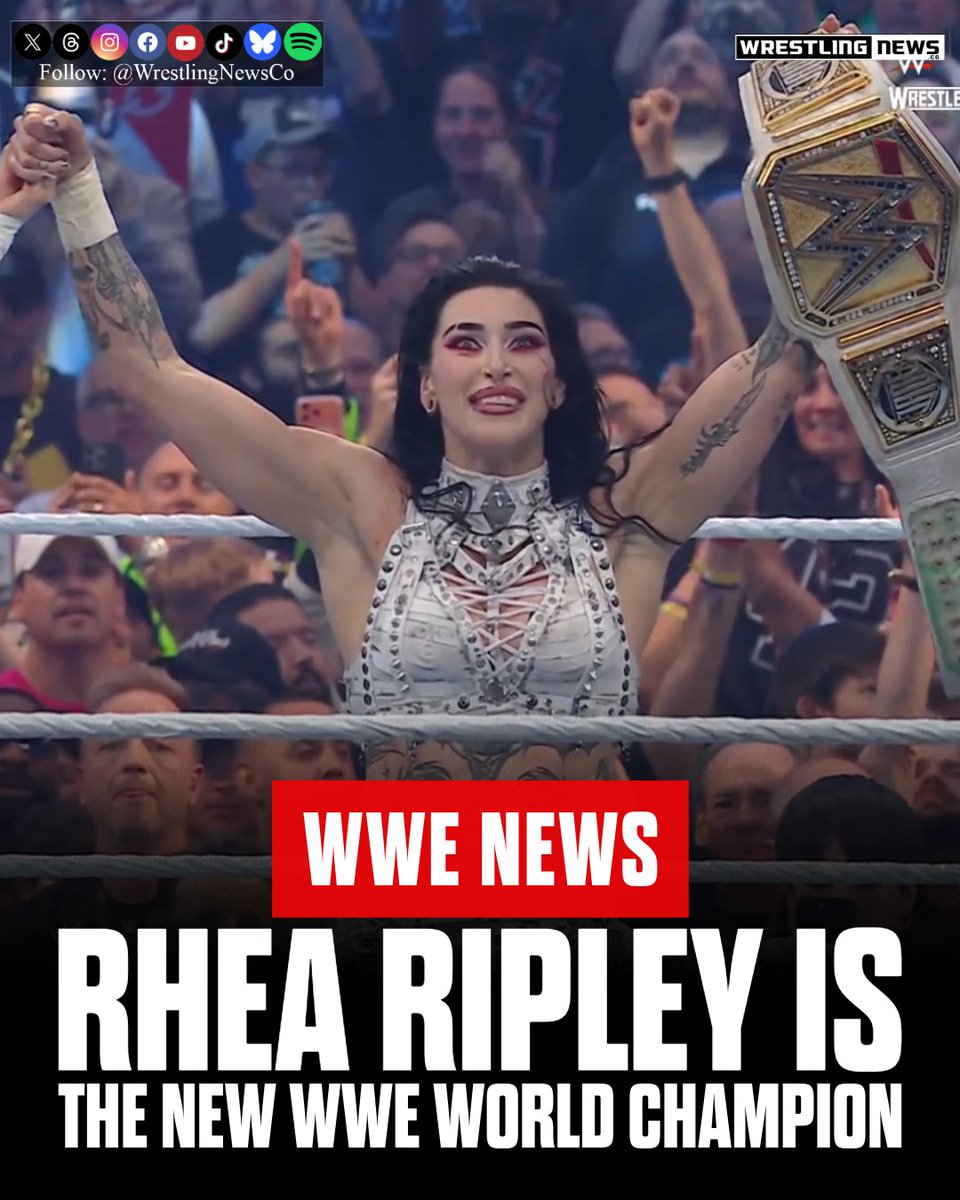 WrestlingNewsCo's tweet photo. Rhea Ripley has won her fourth WWE World Title as Michael Cole declares her as Miss WrestleMania. #WWE #WrestleMania. https://t.co/oRAtv6BOsW