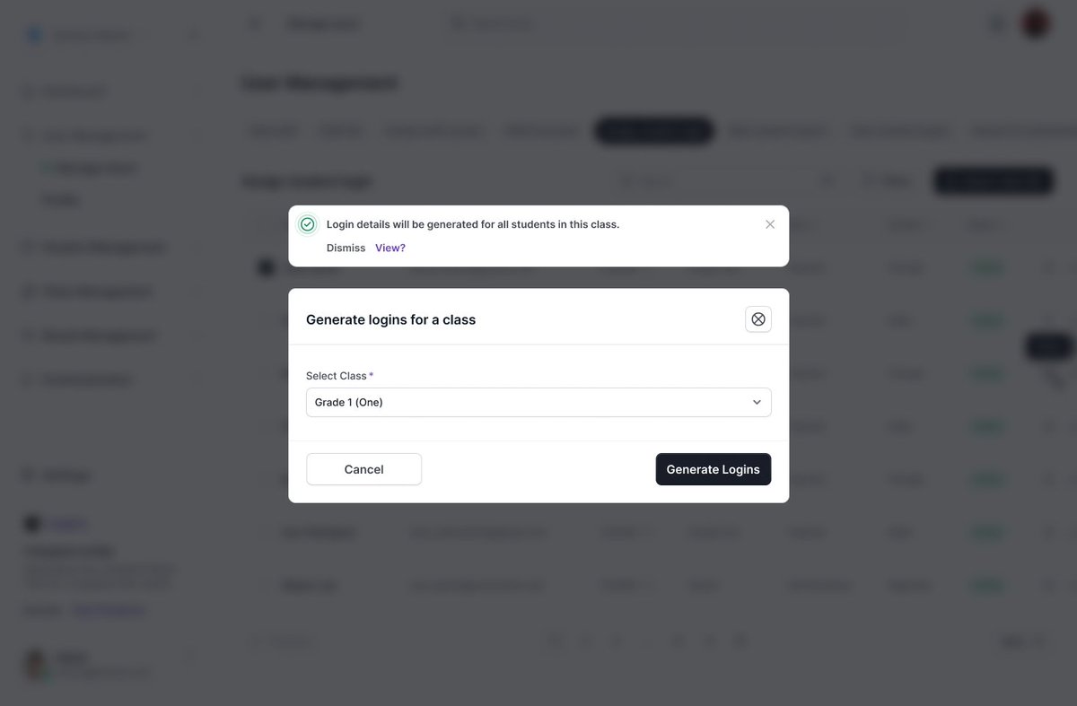 mustofa_shonen's tweet image. Bulk Student Password Flow.

1. Admin opens modal to create passwords
2. Selects a class from dropdown
3. Confirms password generation then Sees success message
4. Views generated passwords for the class

#uiuxdesign #web #webapp #productdesigner #edutech #schoolreporter