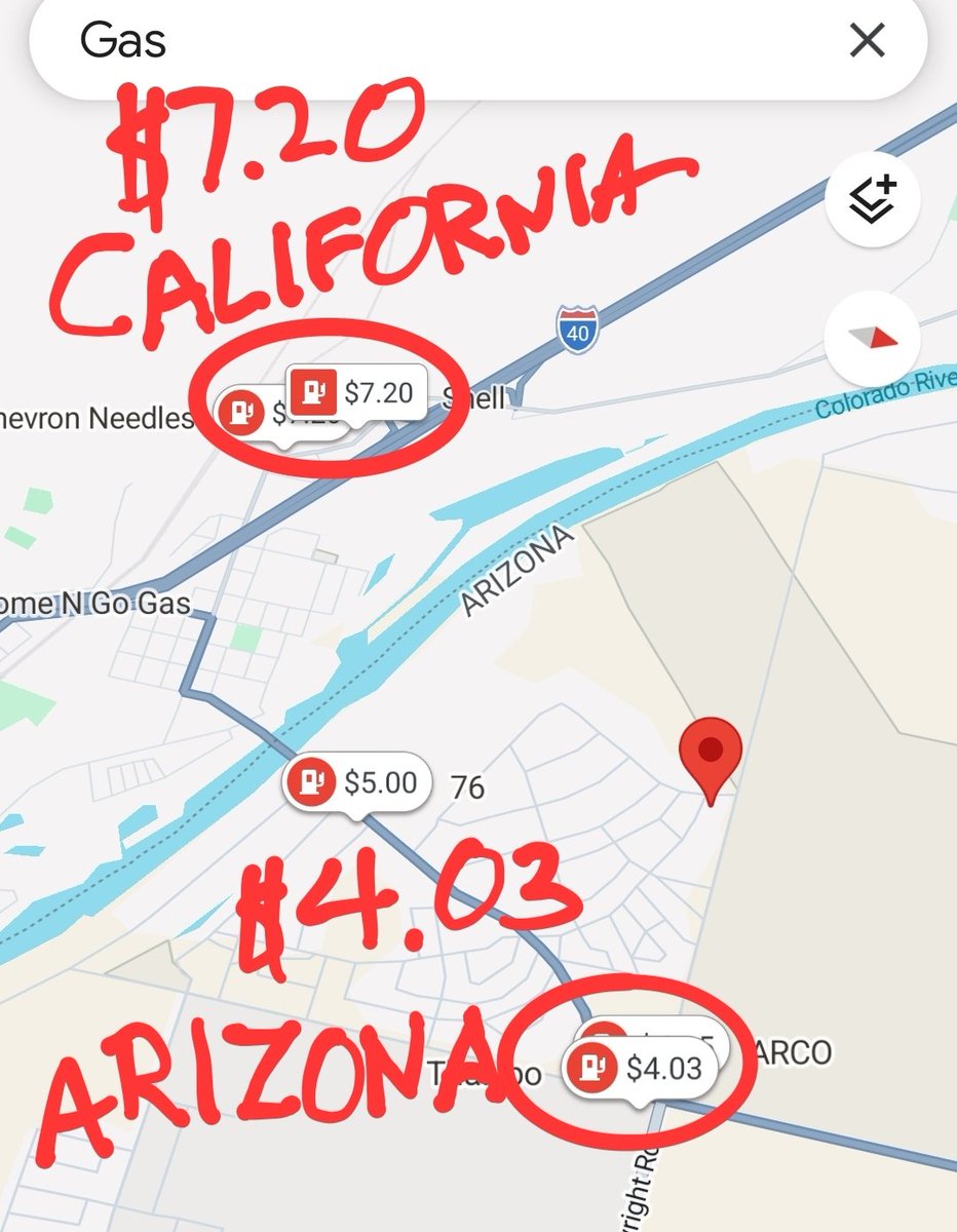 Brick_Suit's tweet image. Which side of the Colorado river do you buy gas at?

$7.20 in California
$4.03 in Arizona

Hey California, it's the TAXES!

@SteveHiltonx has a plan for that