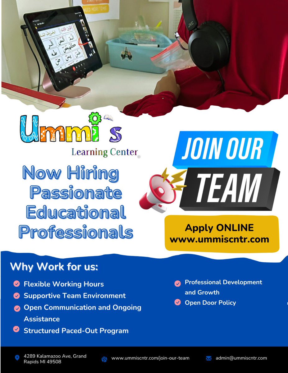 UmmisLearning's tweet photo. 🌟 Now Hiring for the 2026–2027 School Year! 🌟

Ummi’s Learning Center is now accepting applications for future teaching positions for the upcoming academic year!

We are looking for passionate, dedicated individuals who:
📚 Love working with students in a virtual learning environment
🌐 Have strong internet access and a reliable computer/laptop setup
🖥️ Are comfortable using online platforms like Google Classroom & Meet
🤍 Value creating a positive, structured, and engaging learning experience
🕌 Support an environment that nurtures both academic excellence and Islamic identity

Whether you specialize in core subjects, Qur’an, Arabic, or Islamic Studies, we would love to hear from you!

✨ Join a growing team committed to Developing a Love for Learning.

📩 Apply today: https://t.co/WAKHntKgog
📧 Questions? Contact us at admin@ummiscntr.com