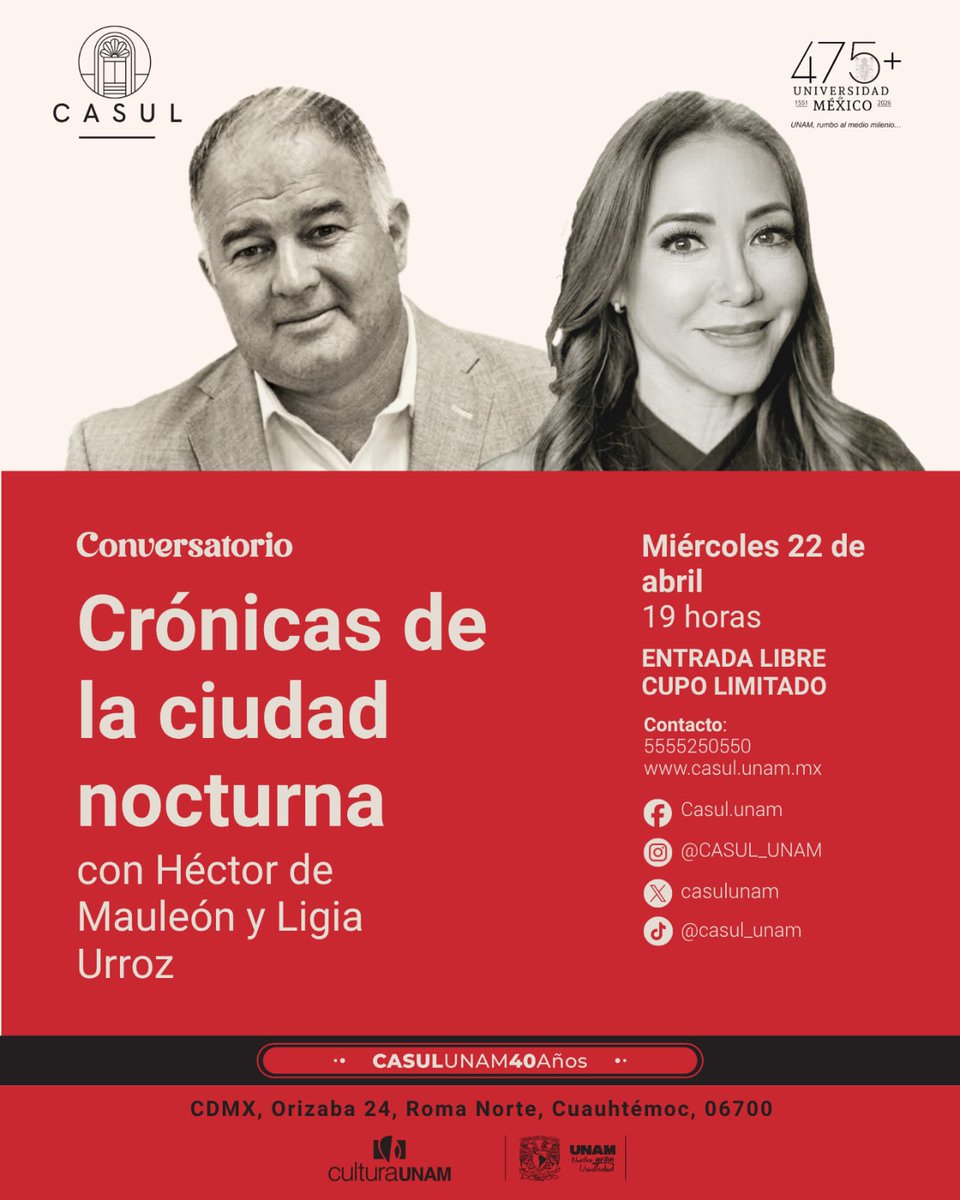 ¡Se viene la recta final de los conversatorios con <a href="/hdemauleon/">Héctor de Mauleón</a>! ✨
En la tercera sesión de «Crónicas de la ciudad nocturna», Mauleón estará acompañado de la gran <a href="/Ligiaurroz/">Ligia Urroz</a>. 🌆

🗓️ 22 de abril, 19 h
🎟️ #EntradaLibre
📍 Orizaba 24, Roma Norte, #CDMX

#CulturaUNAM #HéctordeMauleón