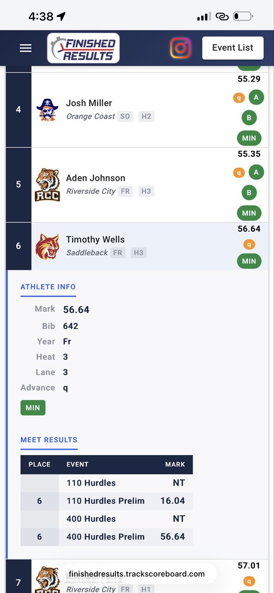 TimothywellsII's tweet photo. Placed 3 in my heat and 6th over all made it through to finals. AG2G I had a clean race and can’t wait to build off of it. New pr of 56.64 https://t.co/GqH58eB2IS