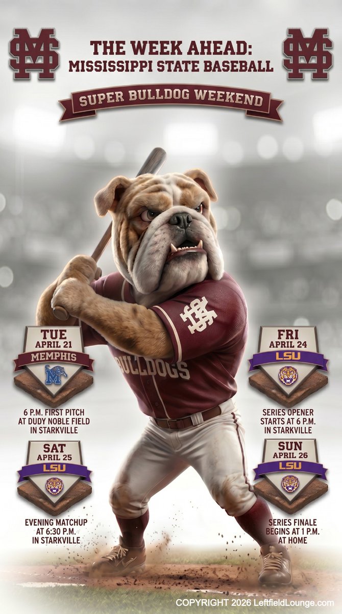 leftfieldlounge's tweet image. The @DiscoveryLA  has #SharkWeek once a year, and @msstate  @HailState  has #TigerWeek as @MemphisBaseball  comes to town midweek and @LSUbaseball  comes to town for #SuperBulldogWeekend Friday thru Sunday at #DudyNobleField
