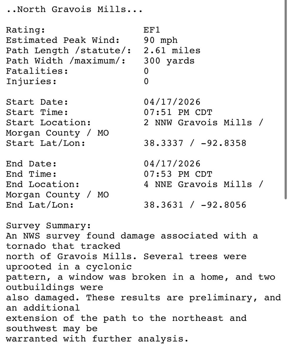 KOMUMatt's tweet image. UPDATE: Two tornadoes have been confirmed from Friday’s storms in Morgan County. 

One tornado was near Gravois Mills and was rated as an EF1.

Another tornado was confirmed near Barnett and was rated as an EF0. #MidMoWx #MoWx #MidMo
