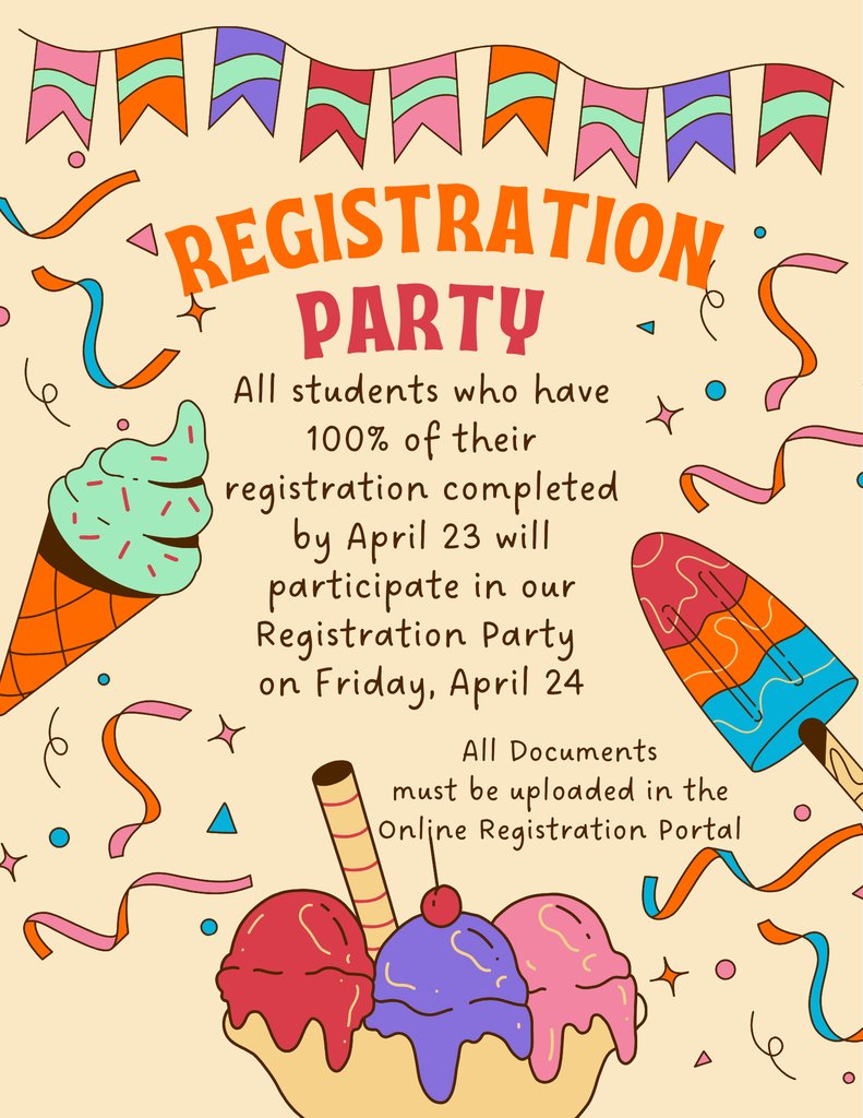 MEpisd's tweet photo. Moreno Parents,

All students who have 100% of their registration completed by April 23 will participate in our Registration Party on Friday, April 24.   All documents must be uploaded in the Online Registration Portal.

Thank you for your support!!
Mrs. Lopez https://t.co/tACtPNfqO1