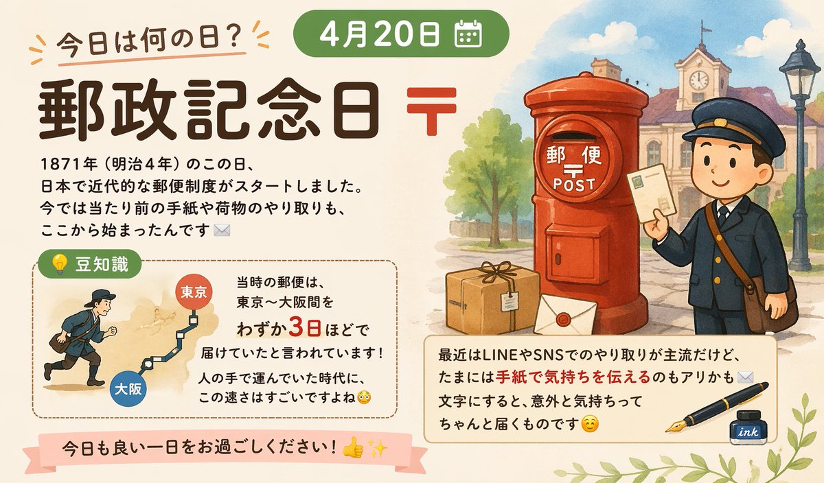 おはようございます☀️ 今日は4月20日📅「郵政記念日」📮 1871年