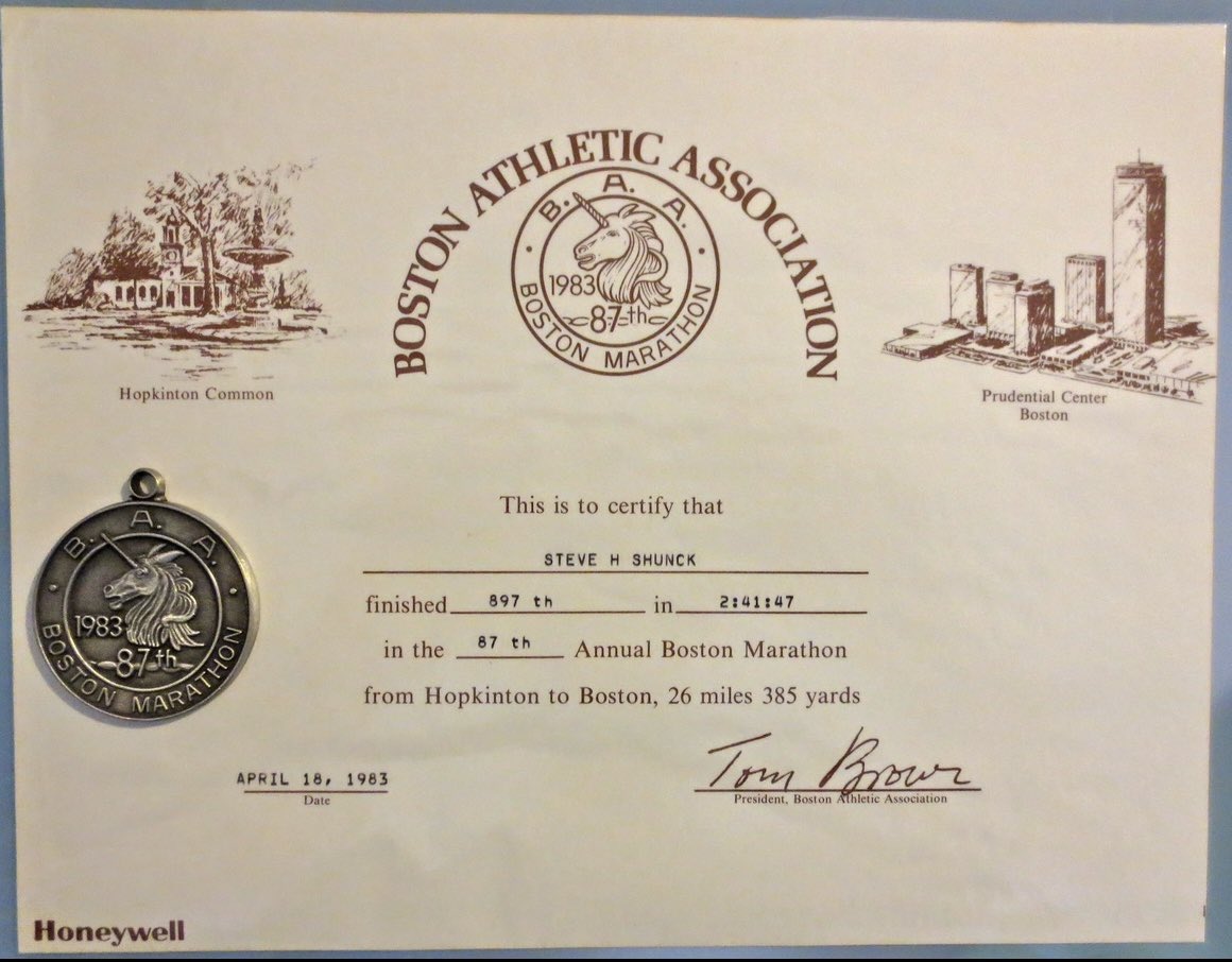 SHUNCK's tweet image. From an old guy that ran the 1983 Boston Marathon 43 years ago, good luck to everyone running tomorrow!!!

Save a little for the final few miles after the hills….the downhills will be a little challenging, trust me! 💯

#BostonMarathon