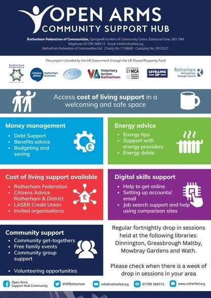 Stag_RosePPG's tweet image. #monday with @OfRotherham Open Arms - Community Support Hubs - Mowbray Gardens Library 9.30am - 3.30pm

One stop support hub, including @RotherhamCAB &amp;amp; @LASERcu coffee, chat, advice, company, let's
#EndLoneliness

#advice #company #support #chat #finances  #CommunityUnity #UKSPF