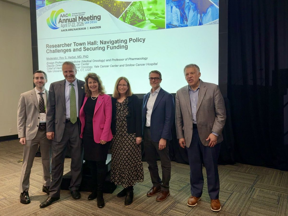 YaleCancer's tweet image. Earlier today #AACR26, @DrRoyHerbst led a town hall on the policy issues shaping #cancer research—from funding and grant policies to global collaboration and workforce challenges. Panelists included Jon Retzlaff @AACR, Dr. Patty Spears @UNC_Lineberger, Dr. Cornelia Ulrich