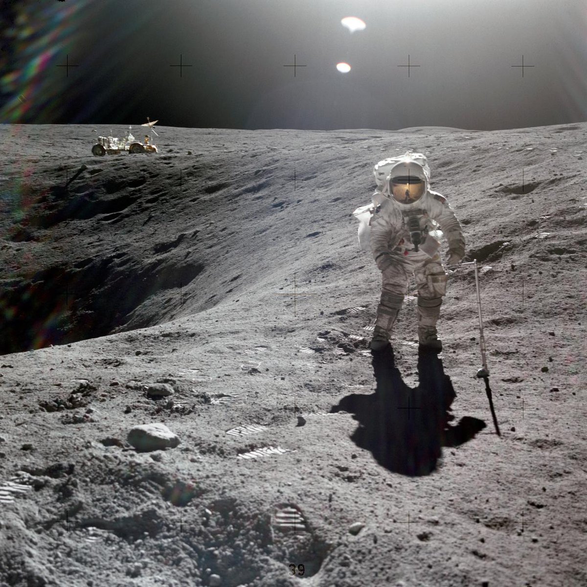 NASAhistory's tweet image. The Apollo 16 lunar module, named Orion, touched down on the Moon on this day in 1972. 

With the help of the Lunar Roving Vehicle, seen on the far side of Plum crater in this photo, John Young and Charlie Duke (shown here) drove 16.6 miles (26.7 km) in the Moon's Descartes