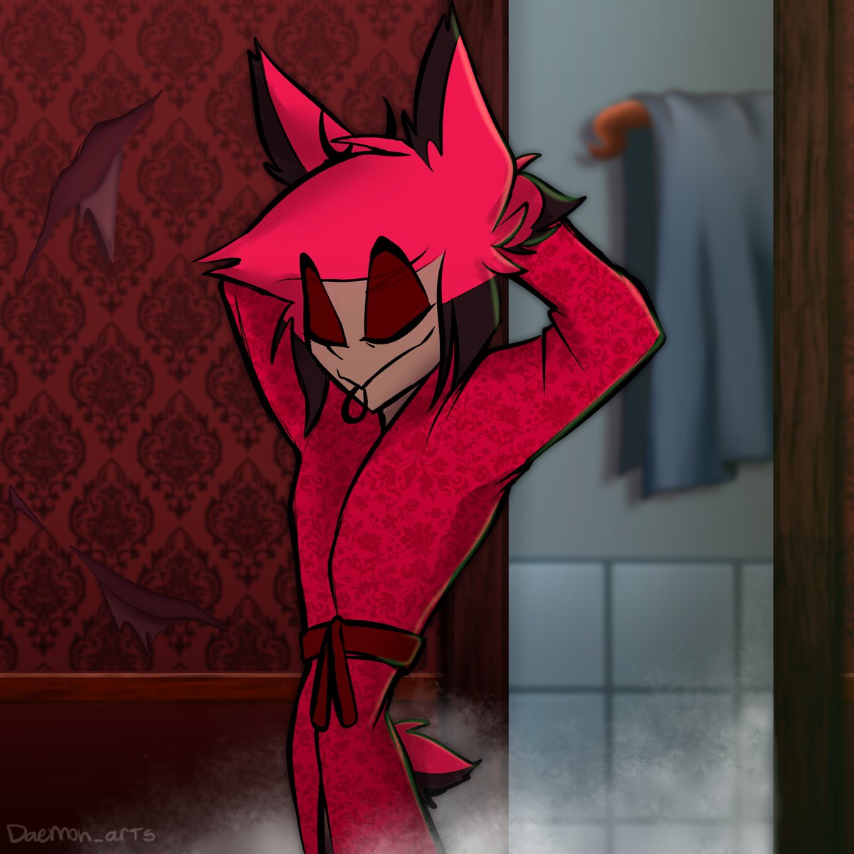 Daemon_arts's tweet image. Vox doesn't need heaven, he has Alastor with a ponytail and a bathrobe! #Radiostatic #Voxal

(4/8)