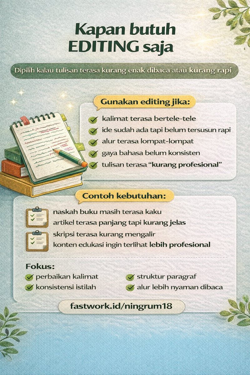 Ningrum1806's tweet photo. Jangan biarkan typo atau kalimat berantakan merusak kualitas tulisanmu.
Banyak naskah sebenarnya sudah bagus, hanya perlu dirapikan supaya terlihat profesional.
Di slide ini aku jelaskan: kapan cukup proofread kapan perlu editing kapan perlu parafrase kapan perlu paket lengkap. https://t.co/z0vvO60O2X