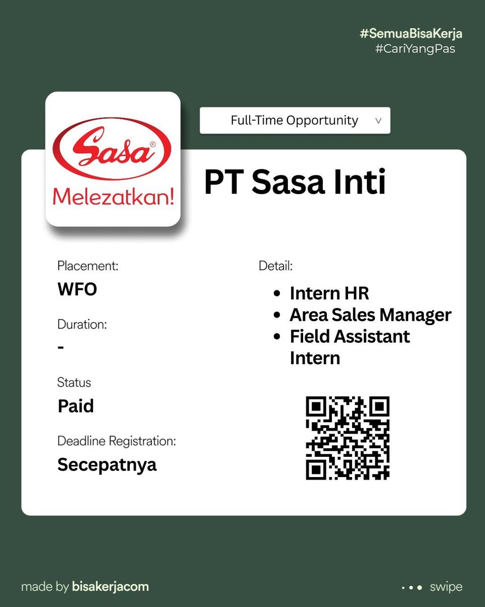 bisakerja_id's tweet photo. PT Sasa Inti, Propan Raya, Mie Gacoan sampai Orang Tua Group lagi hiring nih!

Posisinya beragam, daftarnya bisa scan barcode di poster, atau bisa akses melalui https://t.co/4L1cOT615y https://t.co/YcsNASZxUx